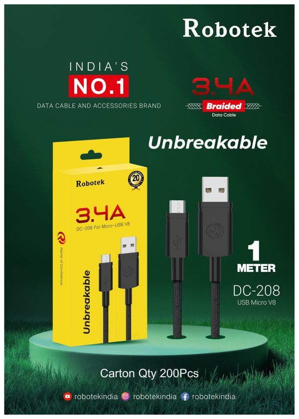 Robotek DC-208 Micro USB Cable - 15W Fast Charging, 1m, Super Durable, Nylon Braided